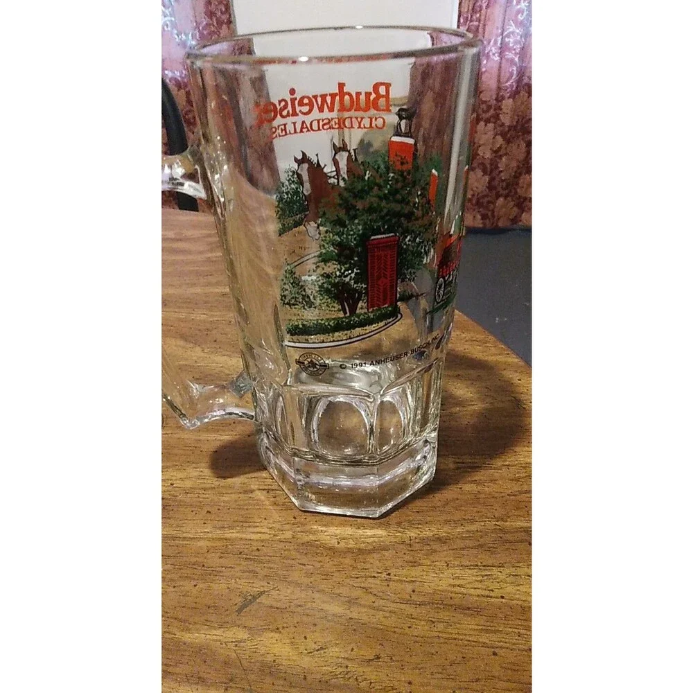 Vintage 1991 Anheuser Busch Budweiser Glass Mug Heavy 32oz+ Clydesdale Xmas